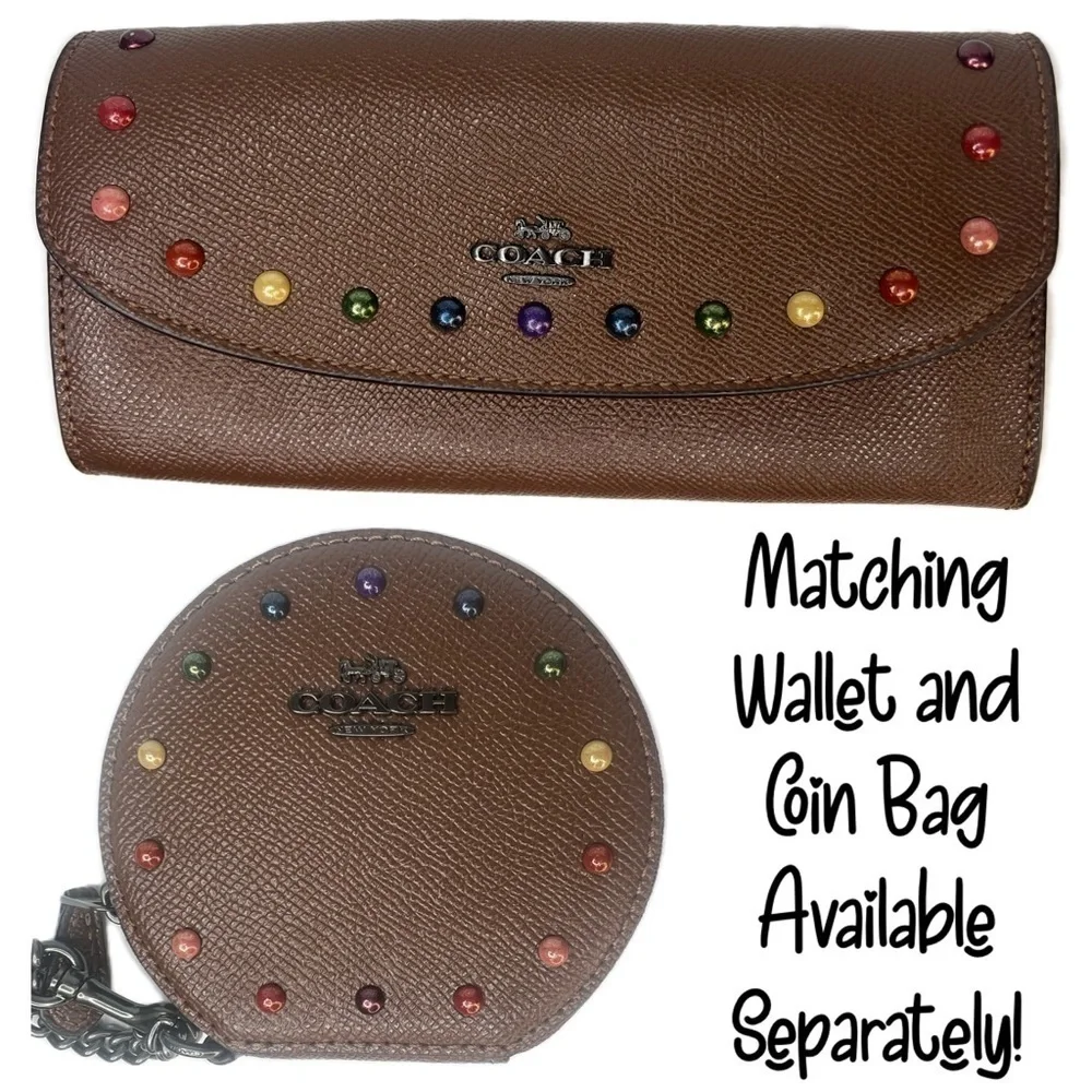 COACH ROUND COIN CASE RAINBOW RIVETS 
DARK SADDLE PRIDE ANTIQUE NICKEL F31574 - Picture 11 of 11